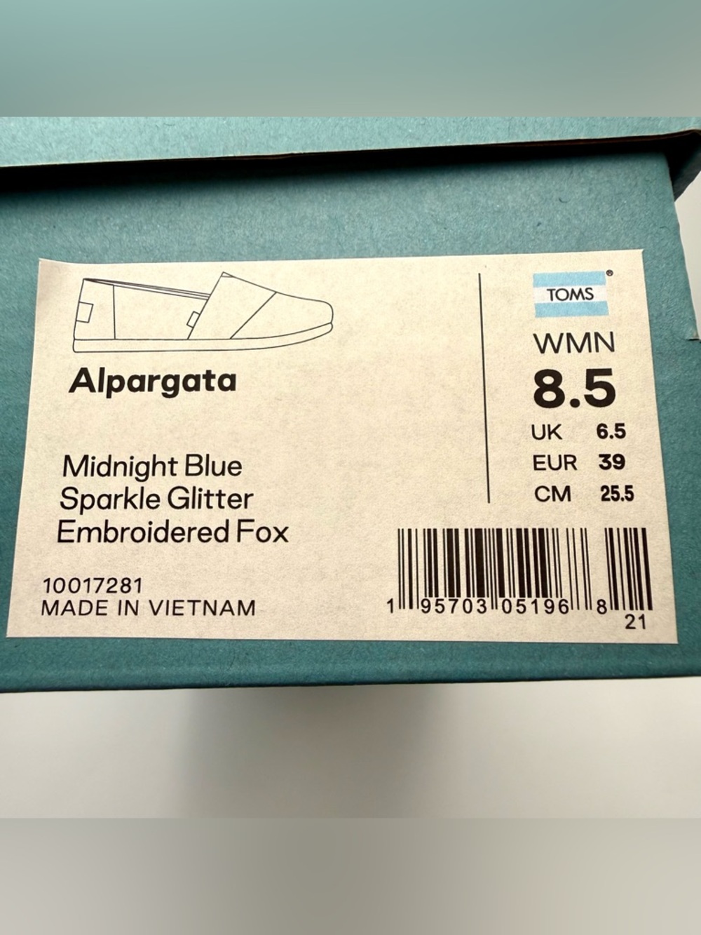 TOMS-Alpargata-Midnight Blue Sparkle Glitter Embroidered Fox-Size 8.5-In Box-EUC - Picture 16 of 16